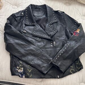 Blank NYC Black Studded Leather Moto Jacket with Embroidered Floral Accents